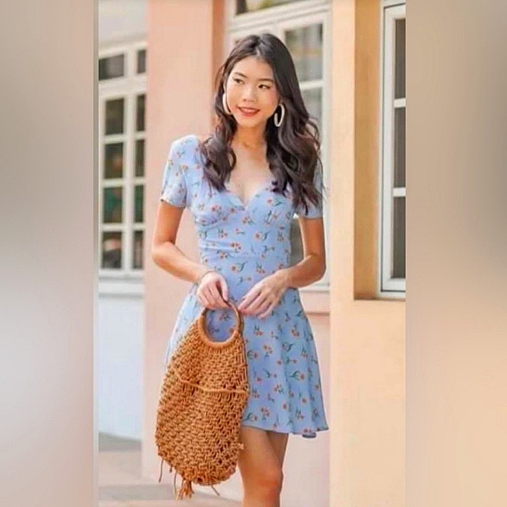 Zara Dusty Blue W Orange Floral Shortsleeve Mini Dress